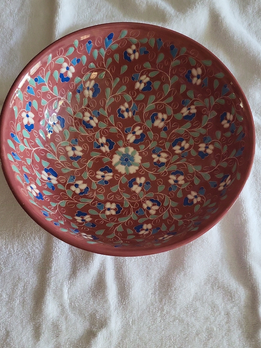 Hand-Painted Floral Decorative Bowl - Rust Pink. Hand Carried from Turkey